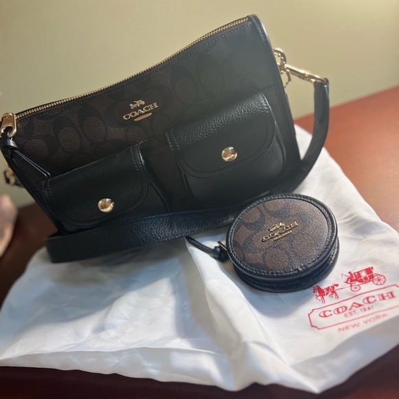 COACH Pennie Signature Canvas Women's Crossbody Bag with Coin Case - Brown/Black - Picture 6 of 15